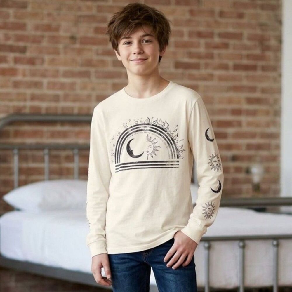 Art Class Boys XL 14 16 Off White Sun Moon Celestial Long Sleeve Graphic T Shirt